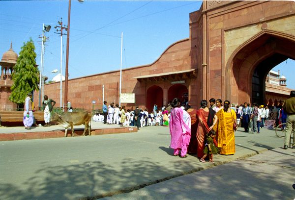 Devant la porte Ouest du Taj Mahal