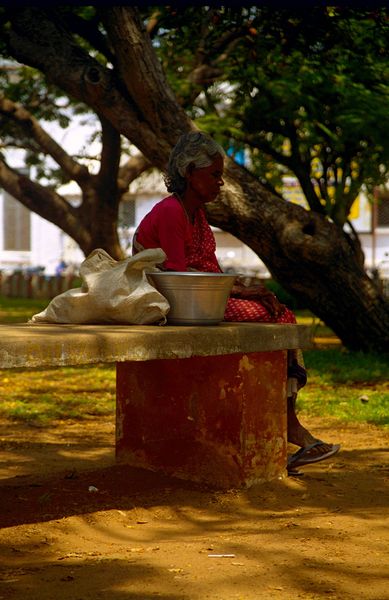 Dans le parc autour du 'government place'. Une mamie s'endort sur un banc. a noter que nous, nous avions les pieds qui touchaient le sol :-)